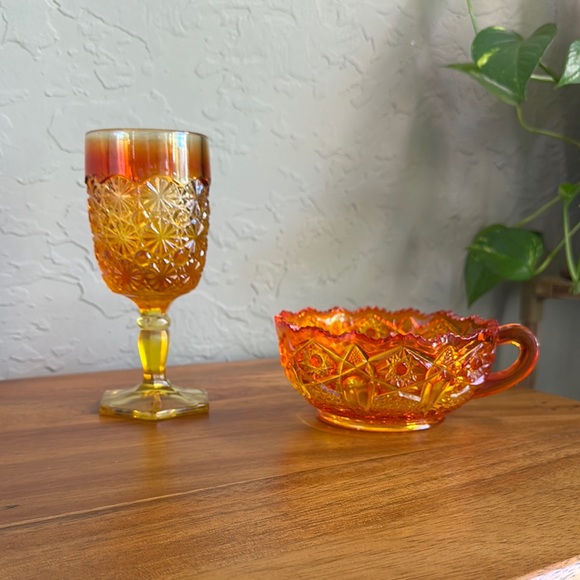 L E Smith Amber orange and yellow‎ Glass Fire Goblet and Bowl with handle Set - Picture 1 of 7